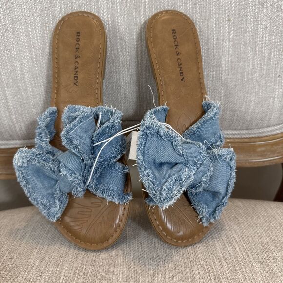 Rock & Candy Shoes - Rock & Candy Frayed Denim Bow Cute Chic Stylish Summer Casual Sandals